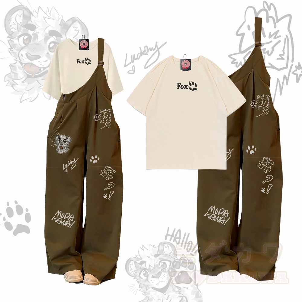 MODAKAWA X atka Letter Graphic 100% Cotton T-shirt Cheeky Tiger Face Graphic One Shoulder Overalls Two Pieces Set - Apricot & Green - XL - image 1