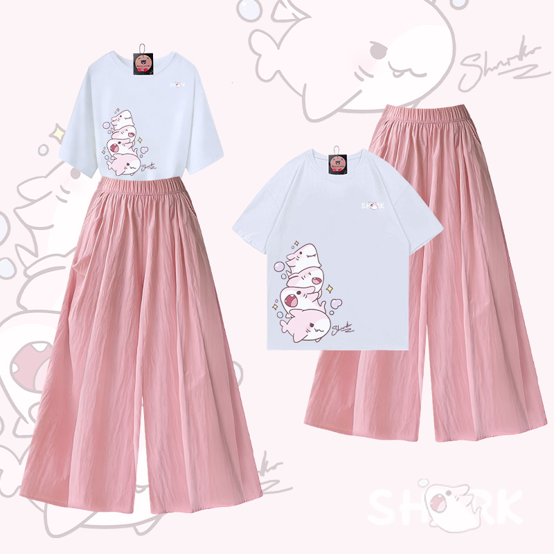 Sharks Graphic 100% Cotton T-shirt Wide Leg Pants Modakawa Two Pieces Set - White & Pink - XL - image 2