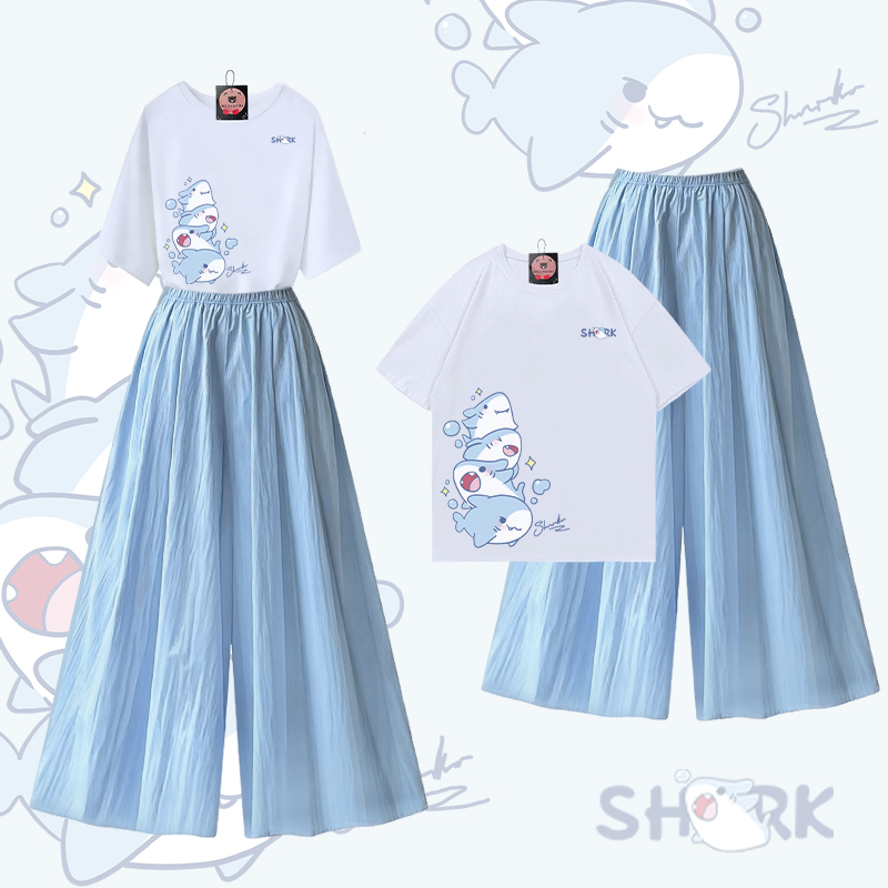 Sharks Graphic 100% Cotton T-shirt Wide Leg Pants Modakawa Two Pieces Set - White & Blue - XL - image 1