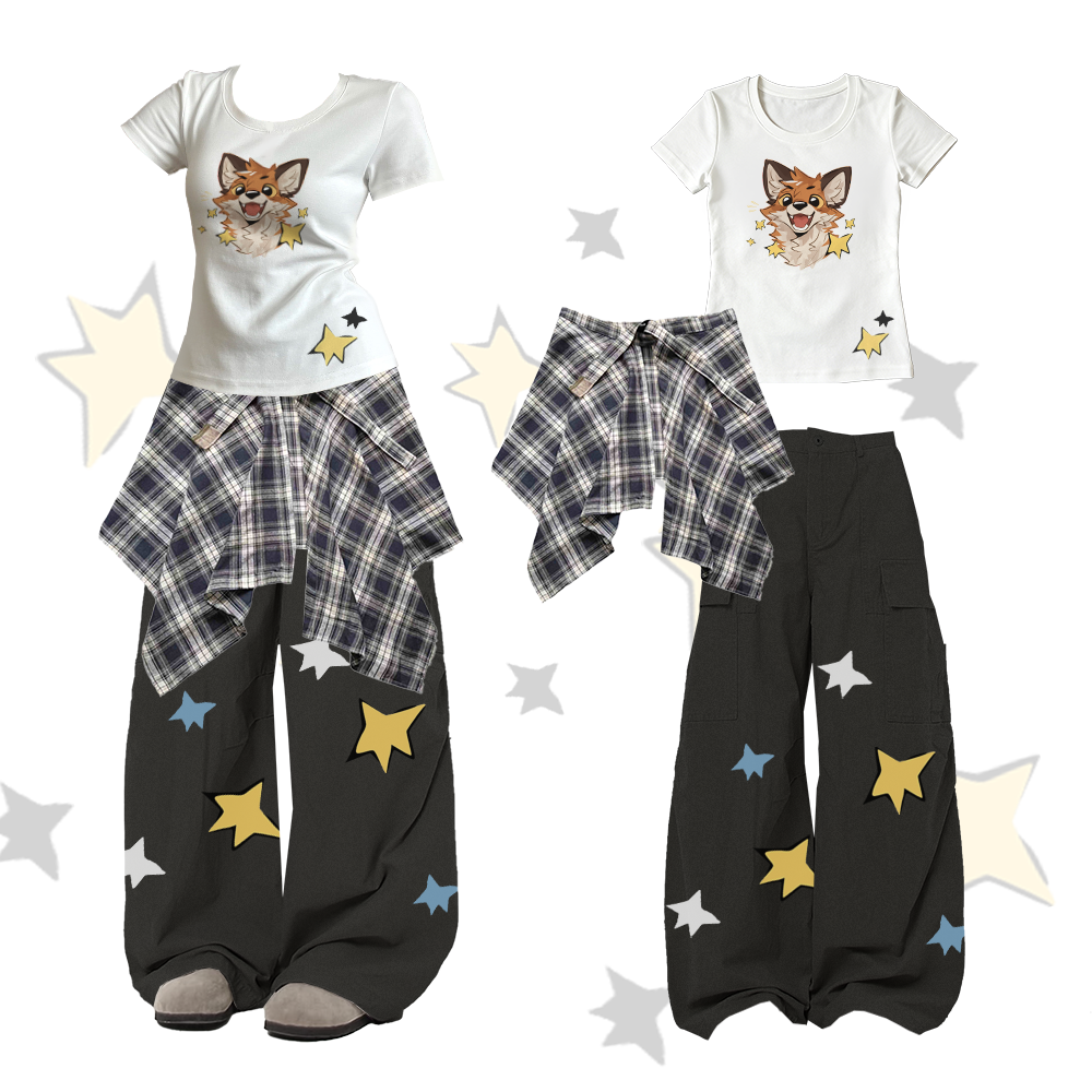 MODAKAWA X atka Fox Star Graphic U-Neck T-shirt Plaid Skirt Cargo Pants Two Pieces Set - Black - XL - image 2