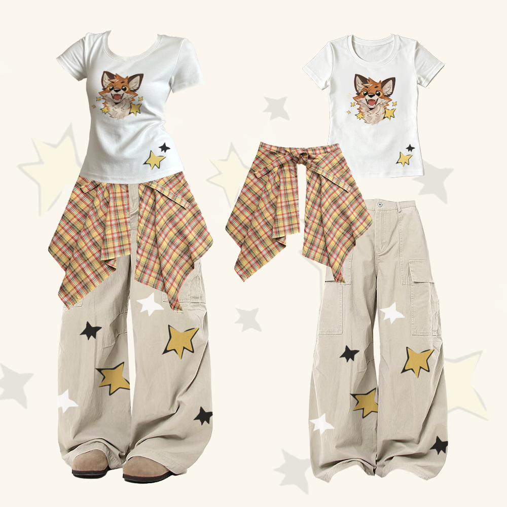 MODAKAWA X atka Fox Star Graphic U-Neck T-shirt Plaid Skirt Cargo Pants Two Pieces Set - Yellow - XL - image 1