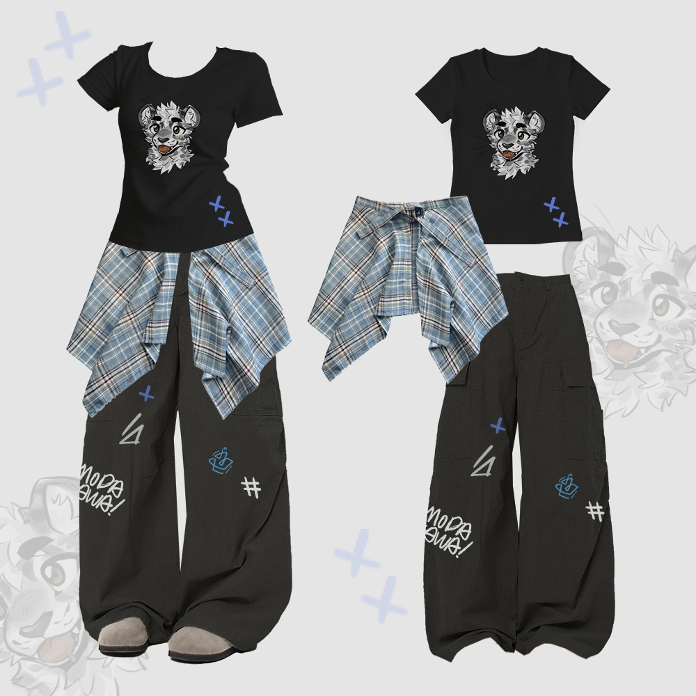 MODAKAWA X atka Tiger Graphic U-Neck T-shirt Plaid Skirt Cargo Pants Two Pieces Set - Black - XL - image 2