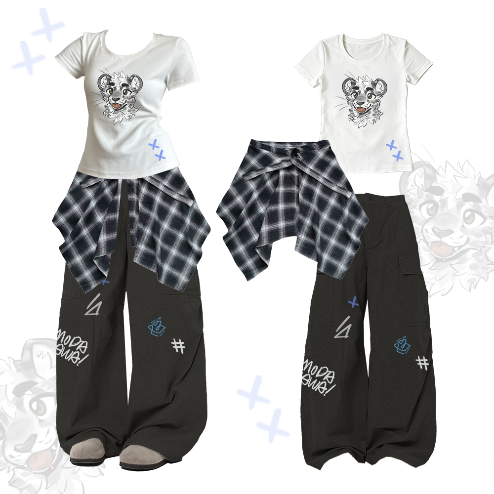 MODAKAWA X atka Tiger Graphic U-Neck T-shirt Plaid Skirt Cargo Pants Two Pieces Set - White - XL - image 1