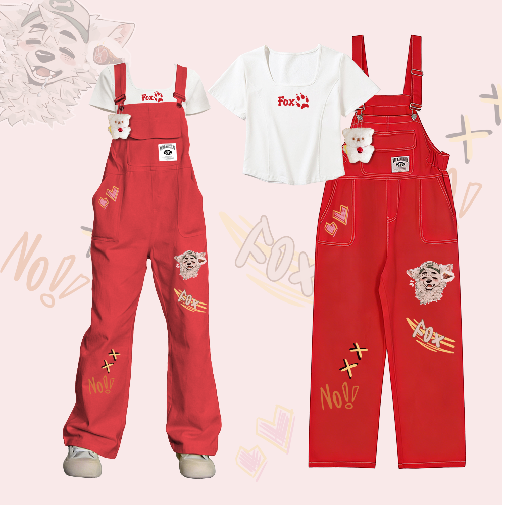 MODAKAWA X atka FOX Paw Graphic T-shirt Fox Wants Meat Graphic Dopamine Style Loose Fit Overalls Two Pieces Set - Red - XL - image 2
