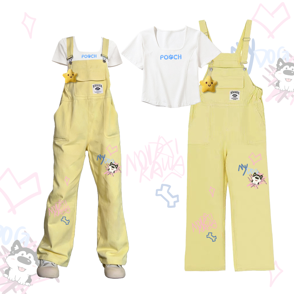 POOCH Graphic T-shirt Tongue Out Dog Graphic Dopamine Style Loose Fit Overalls Two Pieces Set - Yellow - XL - image 2