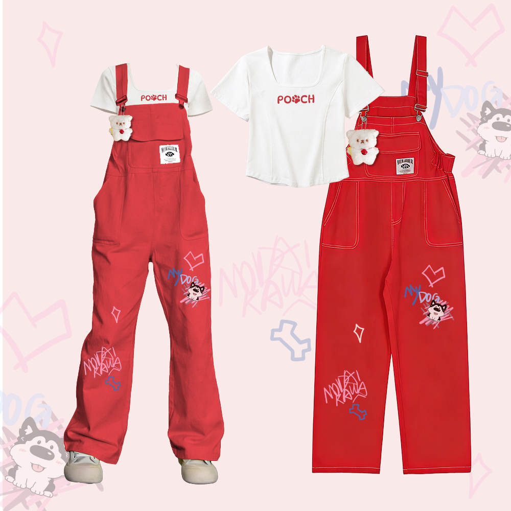 POOCH Graphic T-shirt Tongue Out Dog Graphic Dopamine Style Loose Fit Overalls Two Pieces Set - Red - XL - image 1