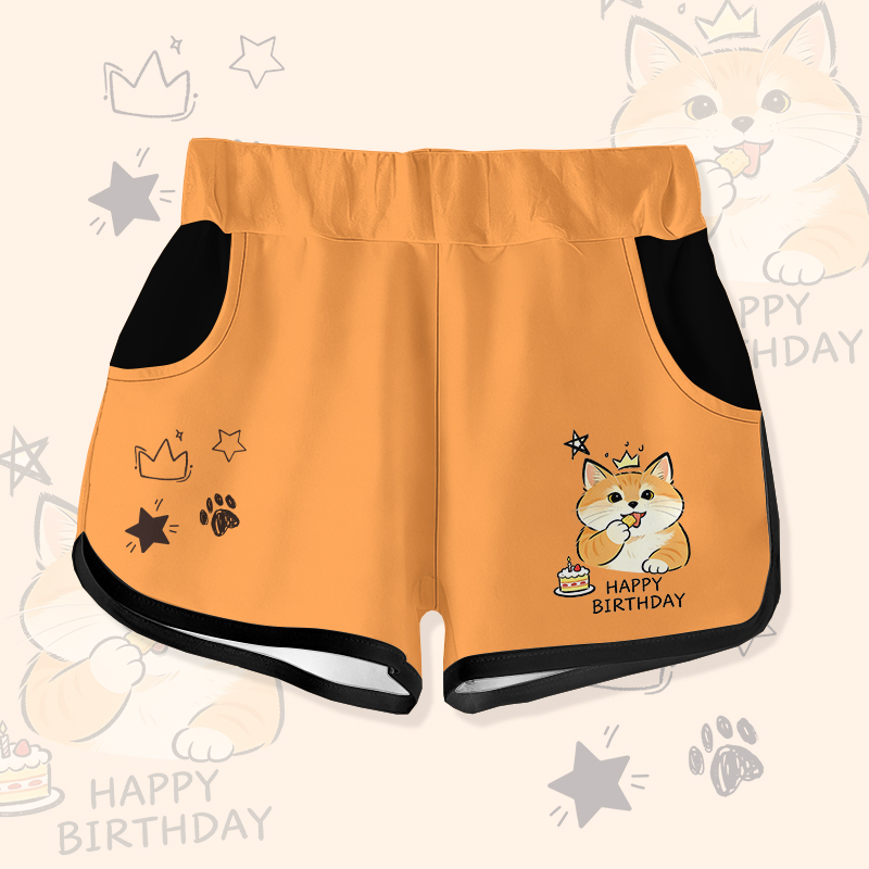 HAPPY BIRTHDAY Cat Cake Graphic Modakawa Shorts - Orange - 5XL - image 2