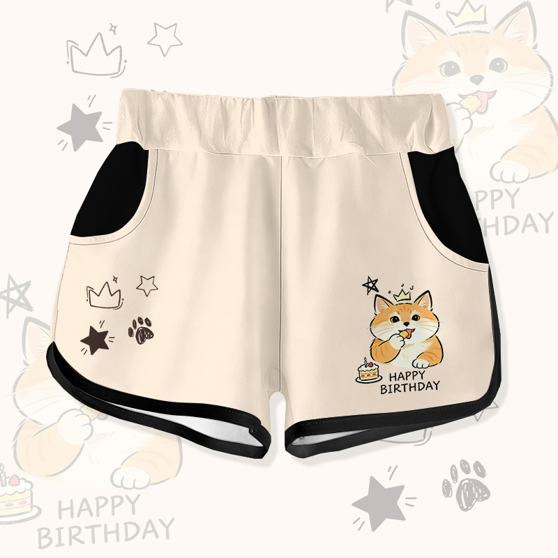 HAPPY BIRTHDAY Cat Cake Graphic Modakawa Shorts - Apricot - 5XL - image 1
