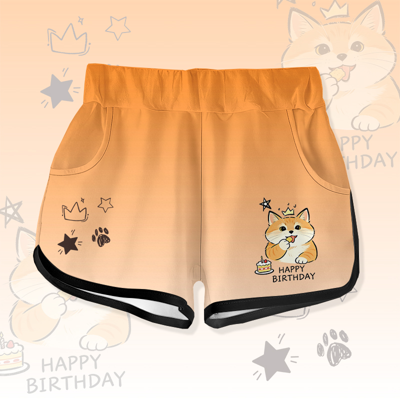 HAPPY BIRTHDAY Cute Cat Cake Graphic Modakawa Gradient Shorts - Orange - 5XL - image 2