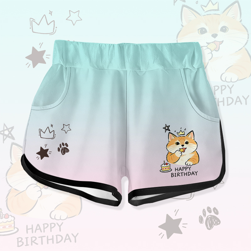 HAPPY BIRTHDAY Cute Cat Cake Graphic Modakawa Gradient Shorts - Green - 5XL - image 1