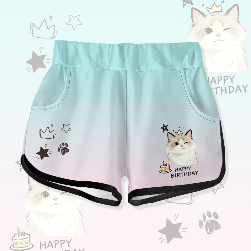 HAPPY BIRTHDAY Wink Cat Cake Graphic Modakawa Gradient Shorts - Green - 5XL - image 2