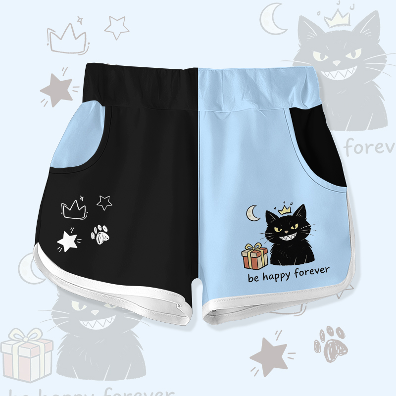 BE HAPPY FOREVER Black Cat Gift Graphic Modakawa Color Block Shorts - Black & Blue - 5XL - image 2