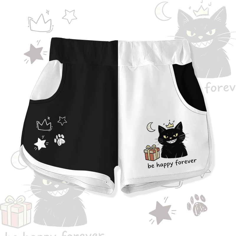 BE HAPPY FOREVER Black Cat Gift Graphic Modakawa Color Block Shorts - Black & White - 5XL - image 1