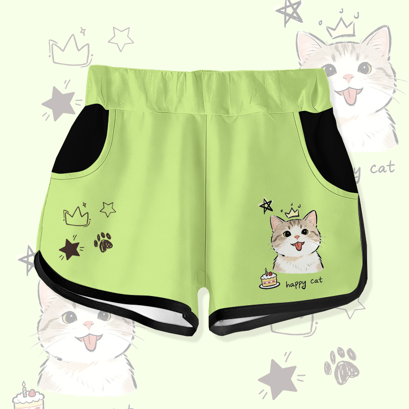 HAPPY CAT Cake Graphic Modakawa Shorts - Green - 5XL - image 3