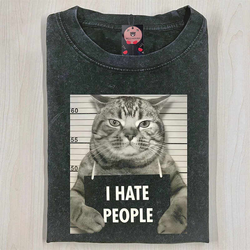 I HATE PEOPLE Cat Graphic Modakawa Unisex Vintage Washed T-shirt - image 1
