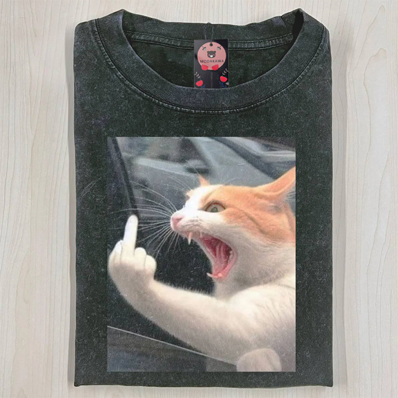 Angry Cat Graphic Modakawa Unisex Vintage Washed T-shirt - image 1