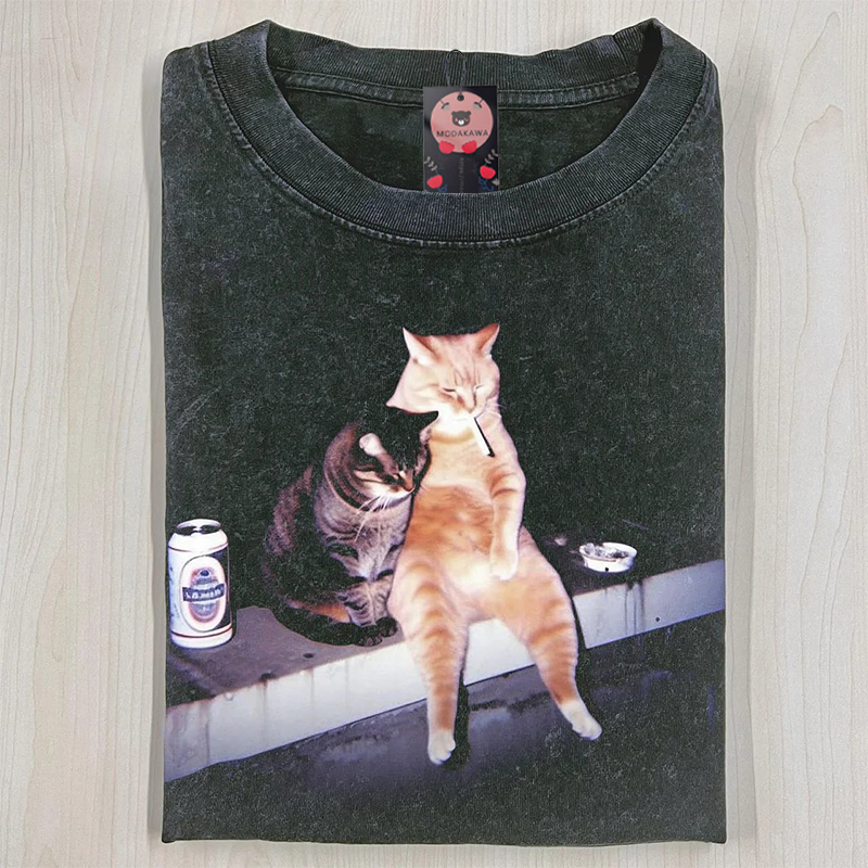 Smoking Cat Graphic Modakawa Unisex Vintage Washed T-shirt - image 1