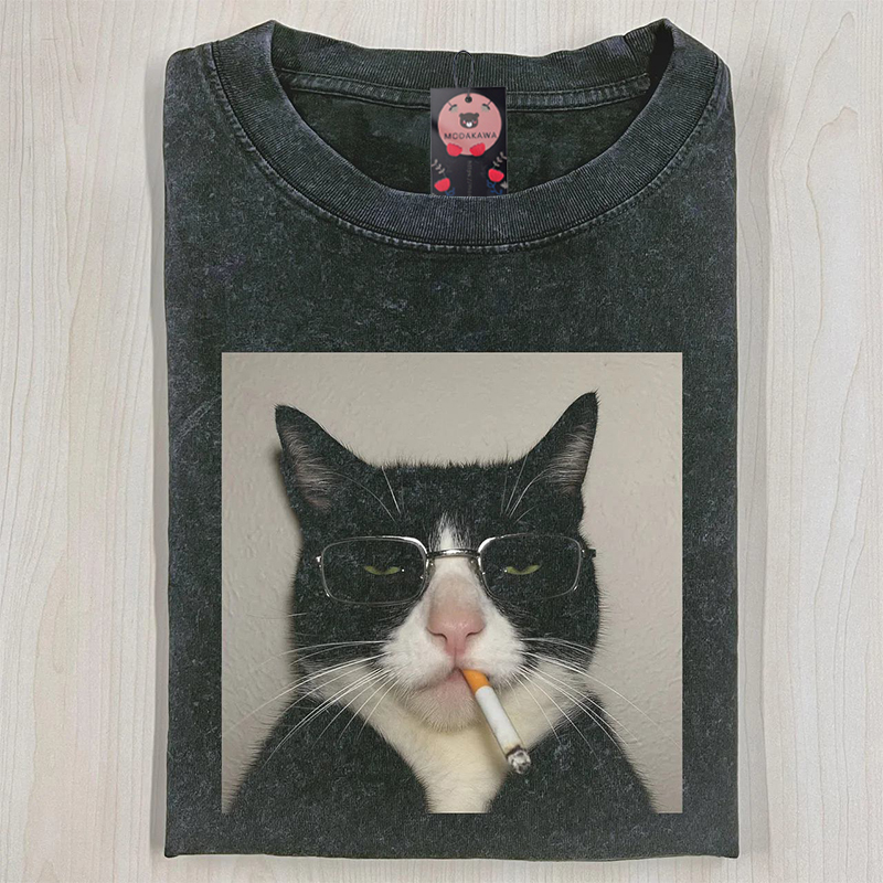 Smoking Glasses Cat Graphic Modakawa Unisex Vintage Washed T-shirt - image 1