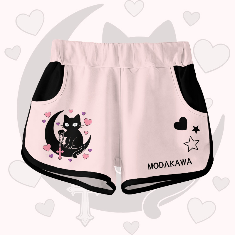 Astrology Black Cat Graphic Modakawa Shorts - Pink B - 5XL - image 2