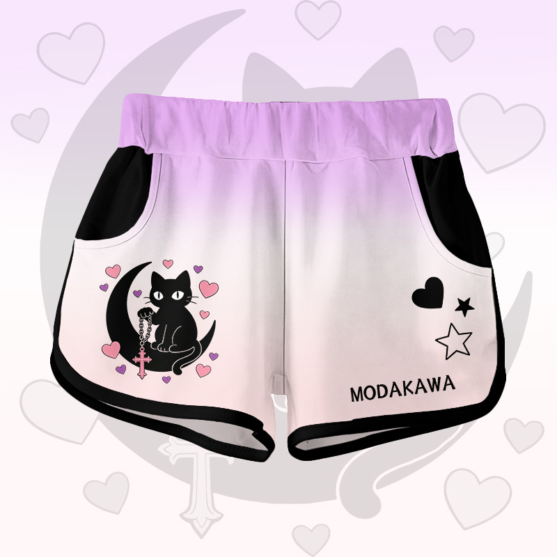 Astrology Black Cat Graphic Modakawa Shorts - Pink A - 5XL - image 1