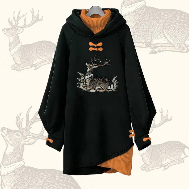 Forest Deer Graphic Modakawa Buckle Vintage Hooded Sweatshirt Dress - Orange - 3XL - image 3