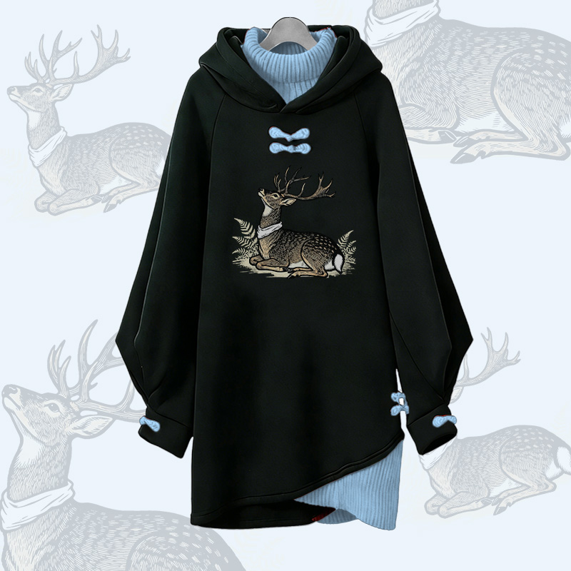 Forest Deer Graphic Modakawa Buckle Vintage Hooded Sweatshirt Dress - Blue - 3XL - image 1