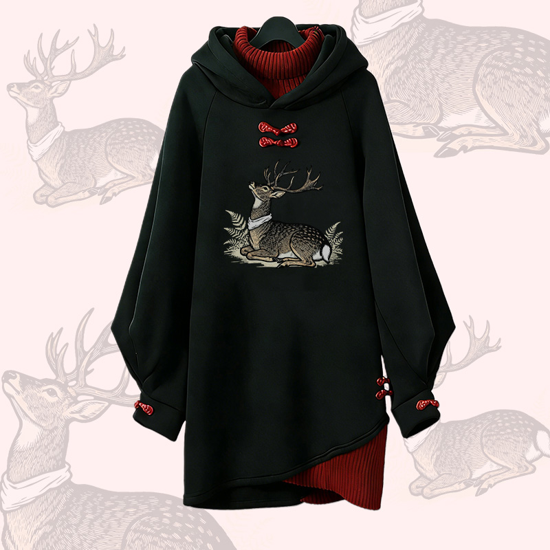 Forest Deer Graphic Modakawa Buckle Vintage Hooded Sweatshirt Dress - Red - 3XL - image 2