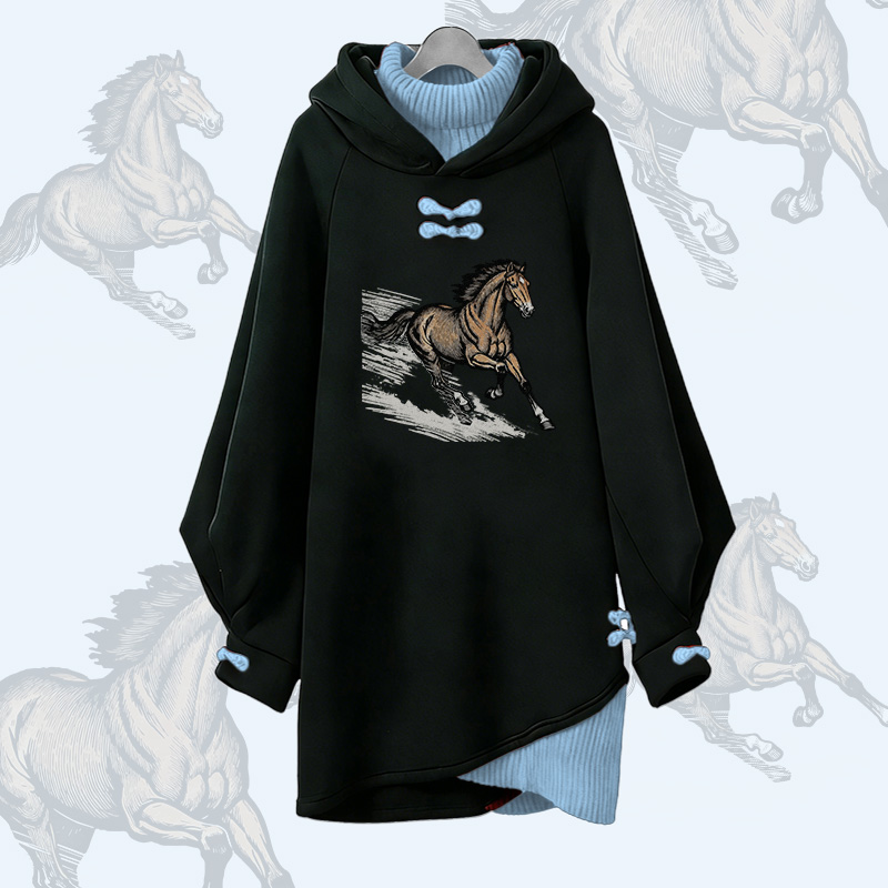Running Horse Graphic Modakawa Buckle Vintage Hooded Sweatshirt Dress - Blue - 3XL - image 1
