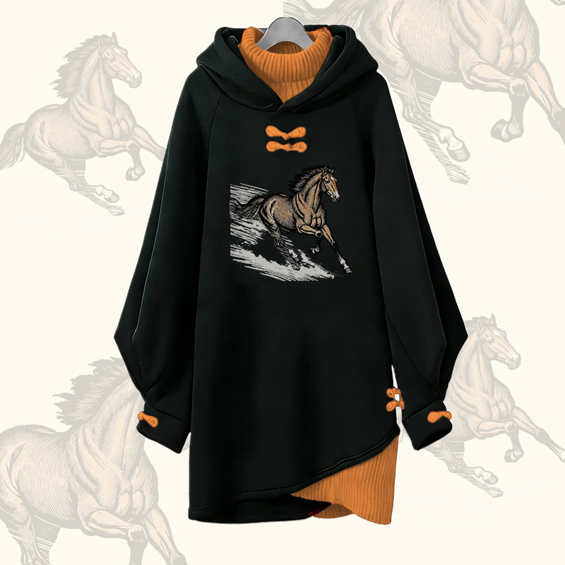 Running Horse Graphic Modakawa Buckle Vintage Hooded Sweatshirt Dress - Orange - 3XL - image 3