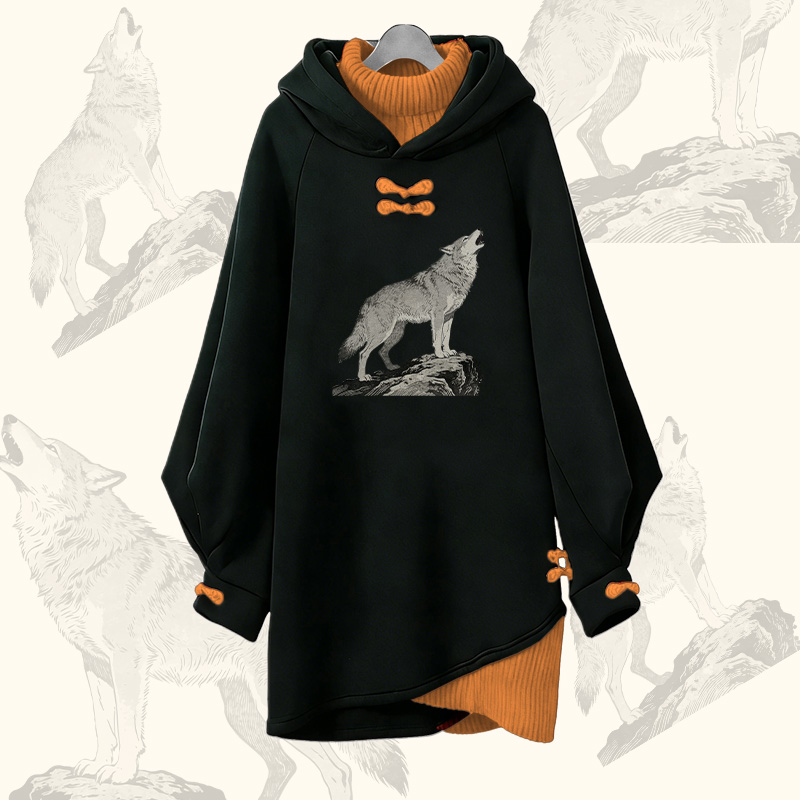 Howling Wolf Graphic Modakawa Buckle Vintage Hooded Sweatshirt Dress - Orange - 3XL - image 3