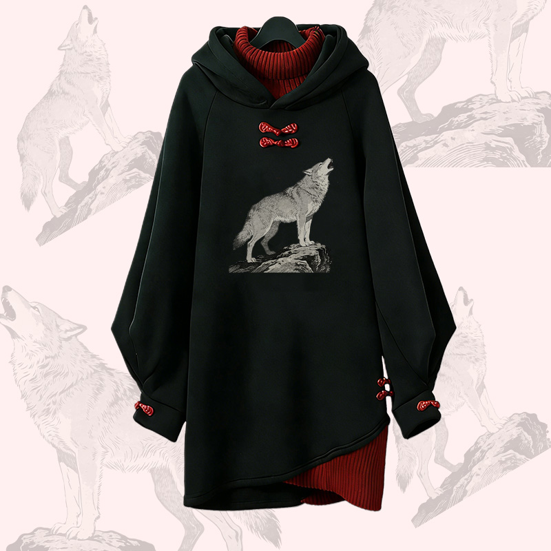Howling Wolf Graphic Modakawa Buckle Vintage Hooded Sweatshirt Dress - Red - 3XL - image 1