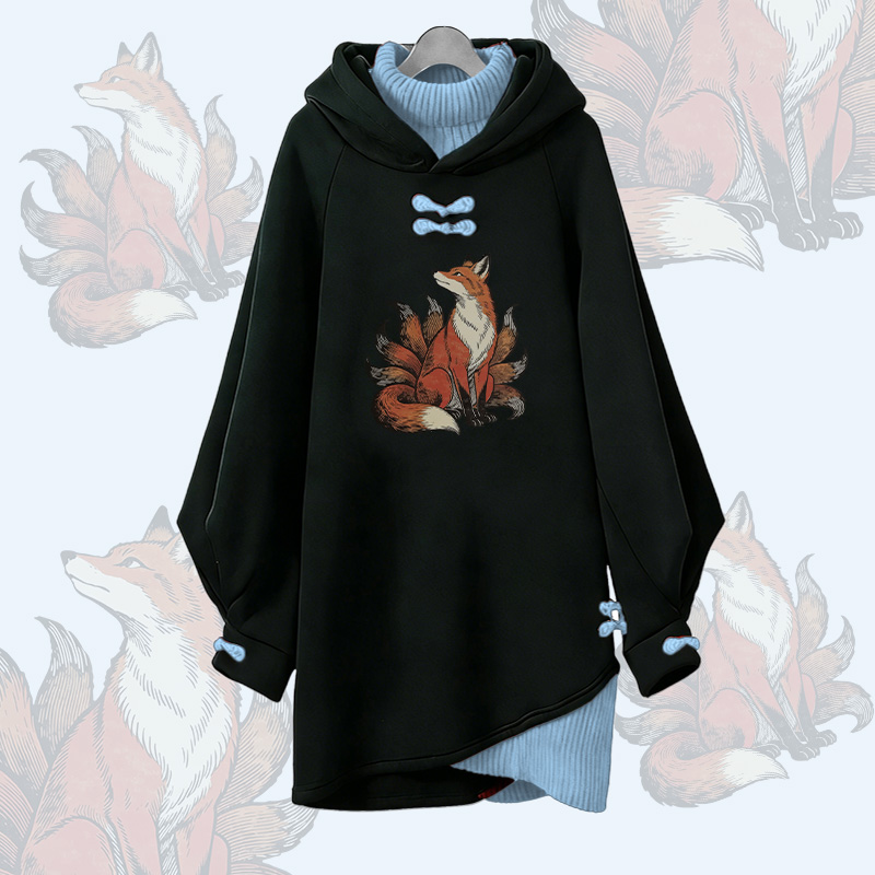 Nine-Tailed Sitting Fox Graphic Modakawa Buckle Vintage Hooded Sweatshirt Dress - Blue - 3XL - image 1
