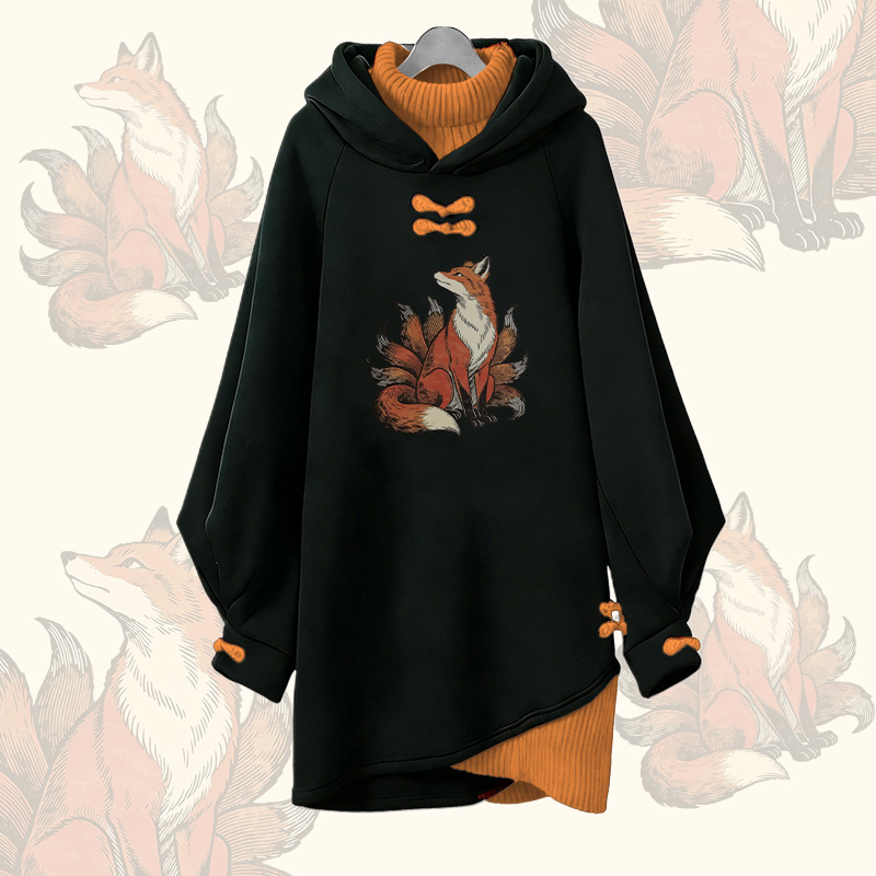 Nine-Tailed Sitting Fox Graphic Modakawa Buckle Vintage Hooded Sweatshirt Dress - Orange - 3XL - image 3
