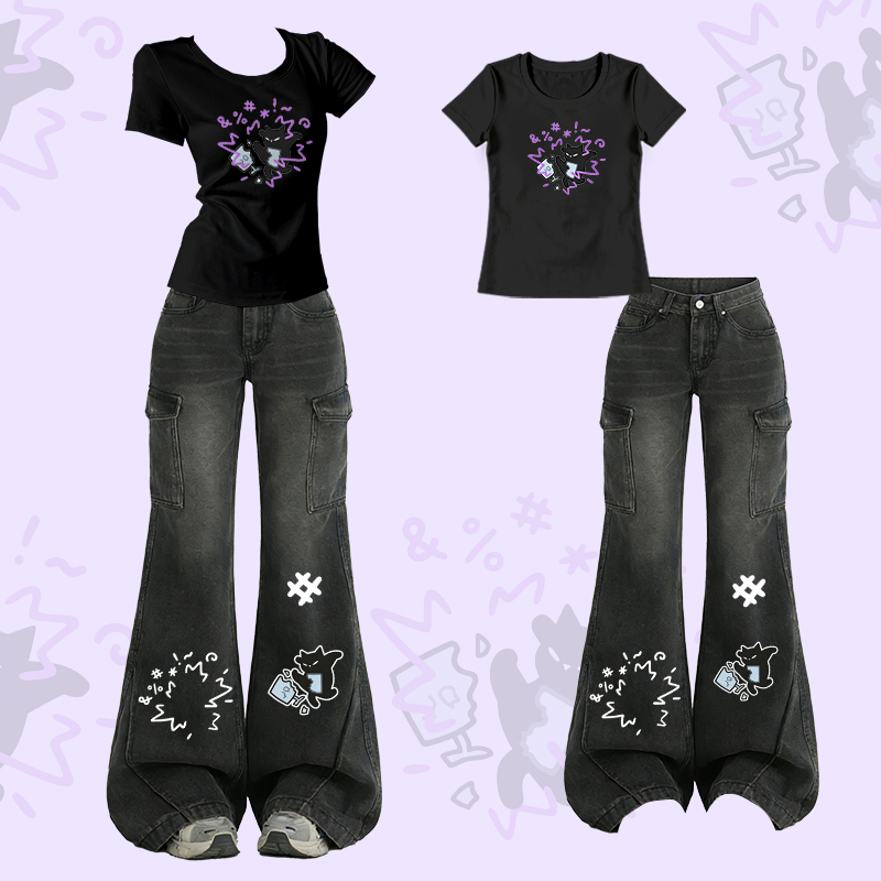 Anti-Hustle Cat Graphic T-shirt Flare Denim Pants Modakawa Two Pieces Set - Black - XL - image 2