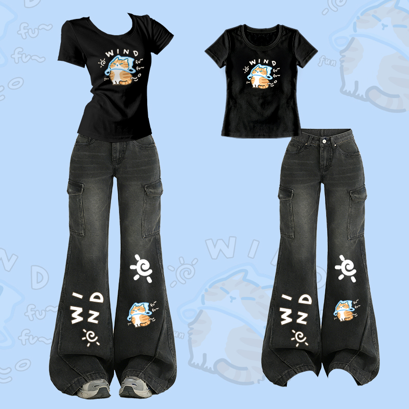 WIND Anti-Hustle Cat Graphic T-shirt Flare Denim Pants Modakawa Two Pieces Set - Black - XL - image 2