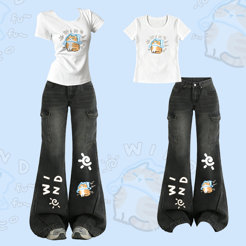 WIND Anti-Hustle Cat Graphic T-shirt Flare Denim Pants Modakawa Two Pieces Set - White - XL - image 1