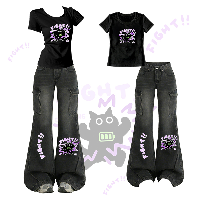 FIGHT Black Cat Graphic T-shirt Flare Denim Pants Modakawa Two Pieces Set - Black - XL - image 2