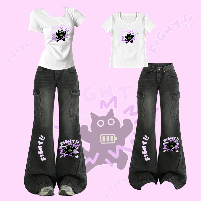 FIGHT Black Cat Graphic T-shirt Flare Denim Pants Modakawa Two Pieces Set - White - XL - image 1