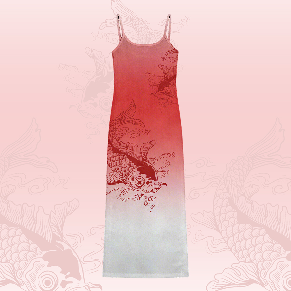 Koi Fish Graphic Modakawa Gradient Slip Dress - Red - 5XL - image 3