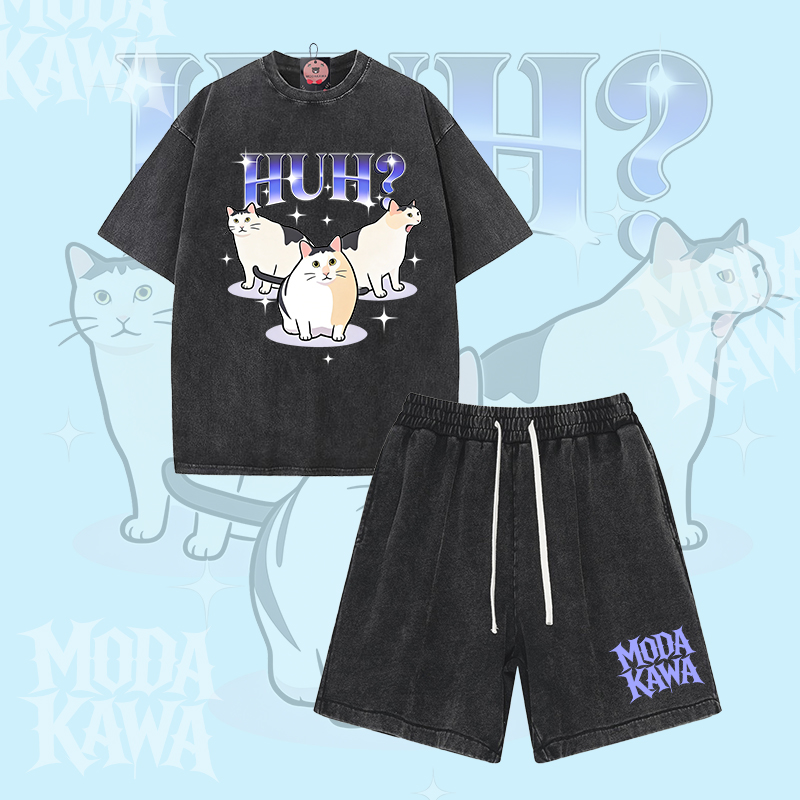 Funny Huh Cat Graphic Modakawa Vintage Washed T-shirt Shorts Two Pieces Set - Black - 3XL - image 2