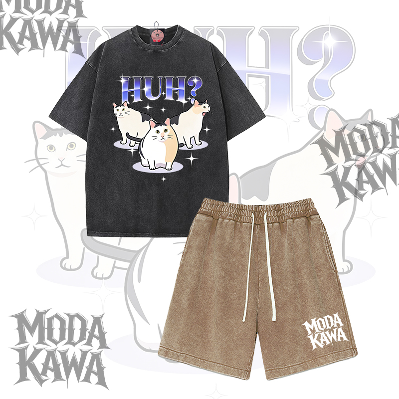 Funny Huh Cat Graphic Modakawa Vintage Washed T-shirt Shorts Two Pieces Set - Black & Brown - 3XL - image 1