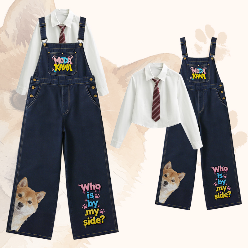 WHO IS BY MY SIDE Dog Graphic POLO T-shirt Wide Leg Denim Overalls Modakawa Matching Outfit - Set C - XL - image 4