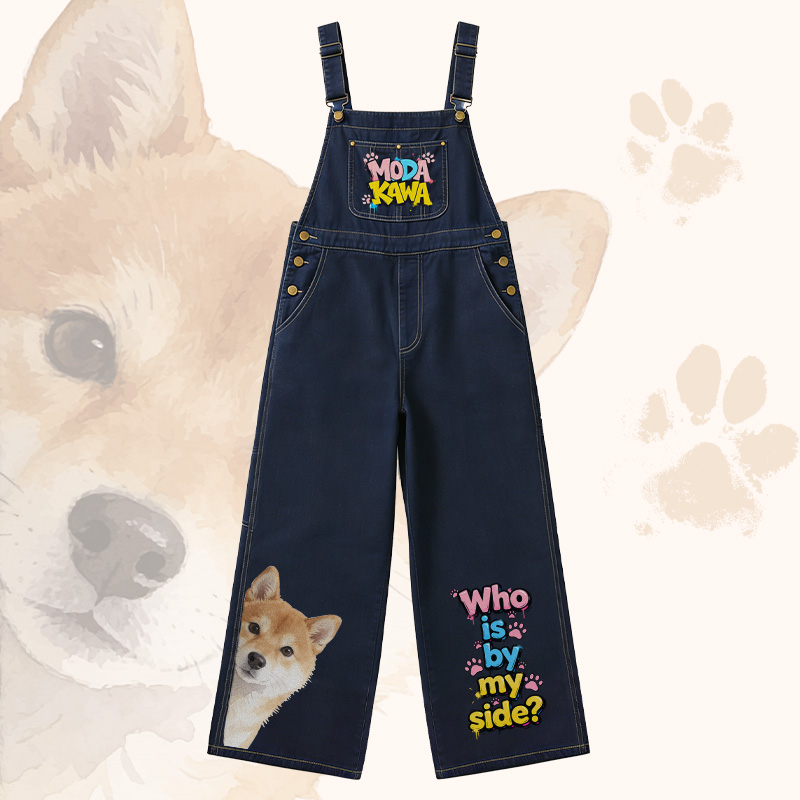 WHO IS BY MY SIDE Dog Graphic POLO T-shirt Wide Leg Denim Overalls Modakawa Matching Outfit - Overalls - XL - image 5