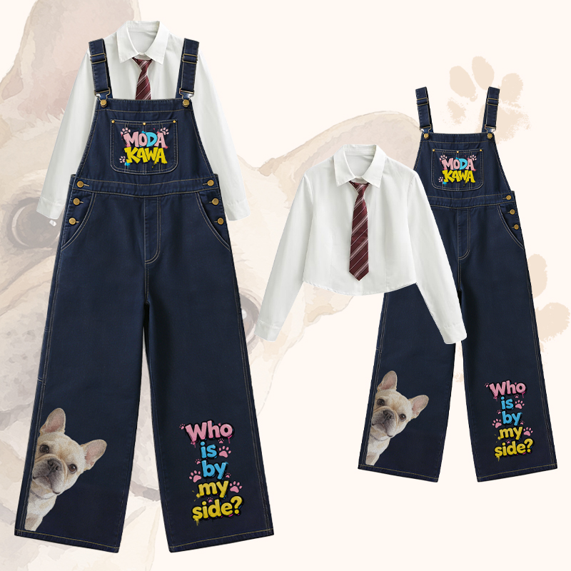 WHO IS BY MY SIDE Bulldog Graphic Plaid Shirt Wide Leg Denim Overalls Modakawa Matching Outfit - Set C - XL - image 4