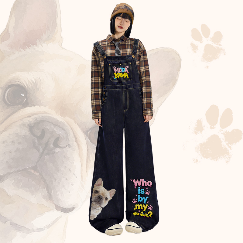 WHO IS BY MY SIDE Bulldog Graphic Plaid Shirt Wide Leg Denim Overalls Modakawa Matching Outfit - image 2