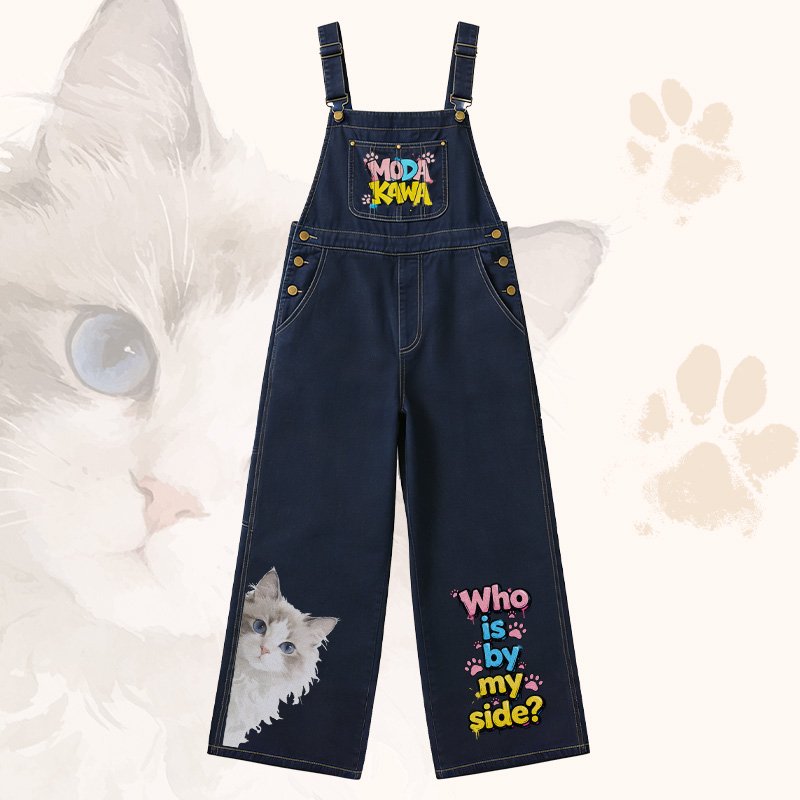 WHO IS BY MY SIDE Cat Graphic POLO T-shirt Wide Leg Denim Overalls Modakawa Matching Outfit - Overalls - XL - image 5