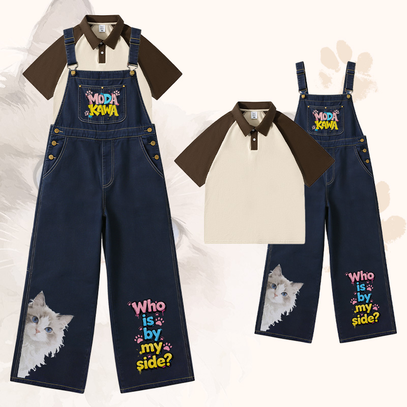 WHO IS BY MY SIDE Cat Graphic POLO T-shirt Wide Leg Denim Overalls Modakawa Matching Outfit - Set A - XL - image 2