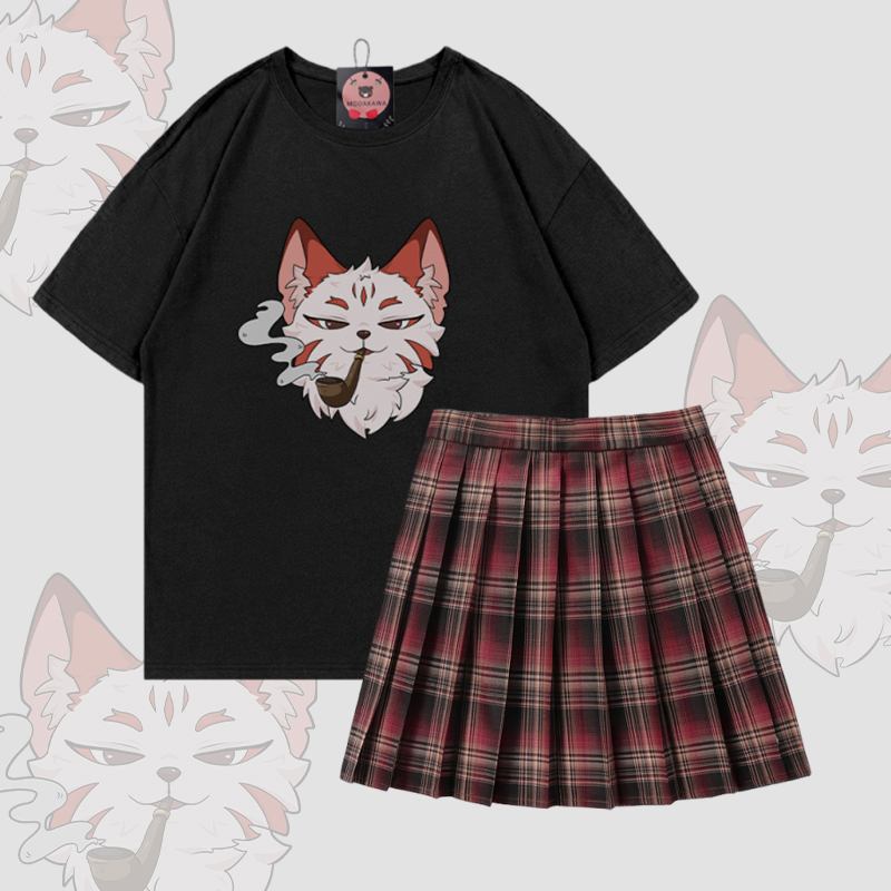 Smoking Fox Graphic 100% Cotton T-shirt Plaid Skirt Modakawa Two Pieces Set - Black & Red - 5XL - image 1