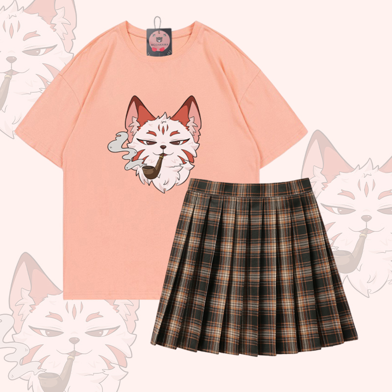 Smoking Fox Graphic 100% Cotton T-shirt Plaid Skirt Modakawa Two Pieces Set - Peach & Brown - 5XL - image 3