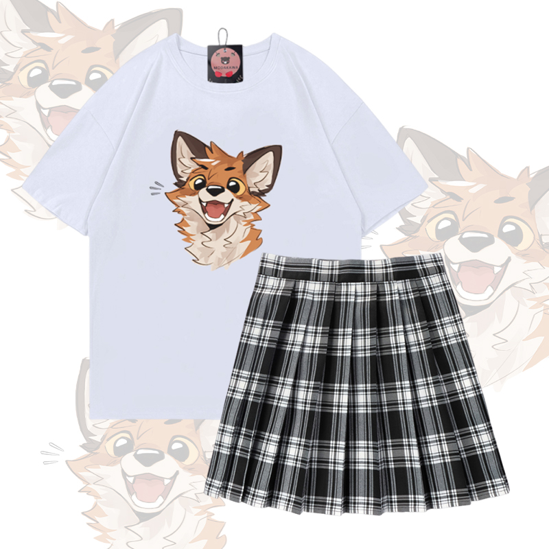 MODAKAWA X atka Happy Fox Graphic 100% Cotton T-shirt Plaid Skirt Two Pieces Set - Set A - 5XL - image 1